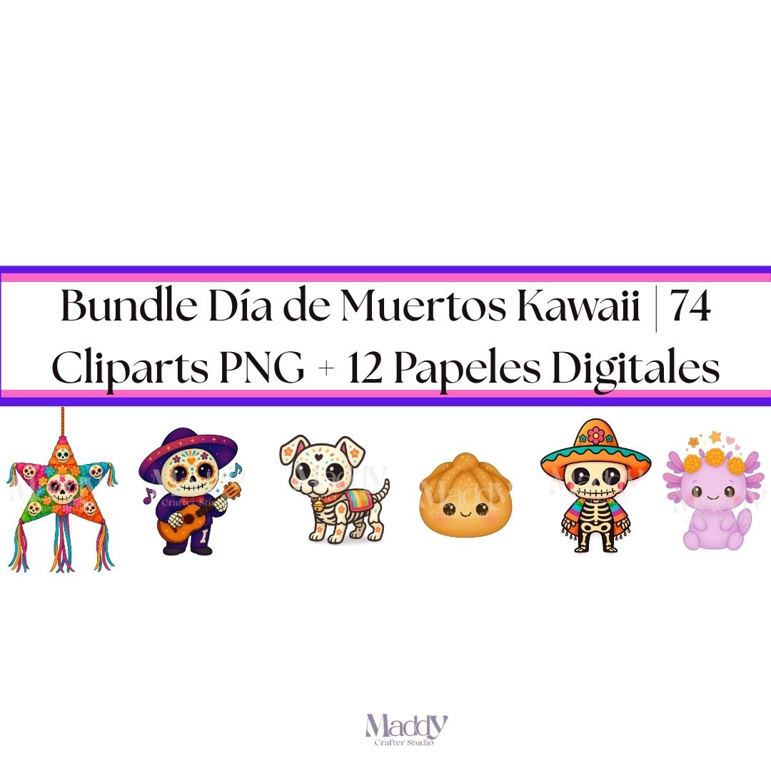 Bundle Día de Muertos Kawaii | 74 Cliparts PNG + 12 Papeles Digitales