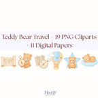 Baby Osito Viajero Clipart Bundle | 19 PNG + 11 Papeles Digitales | 300 DPI