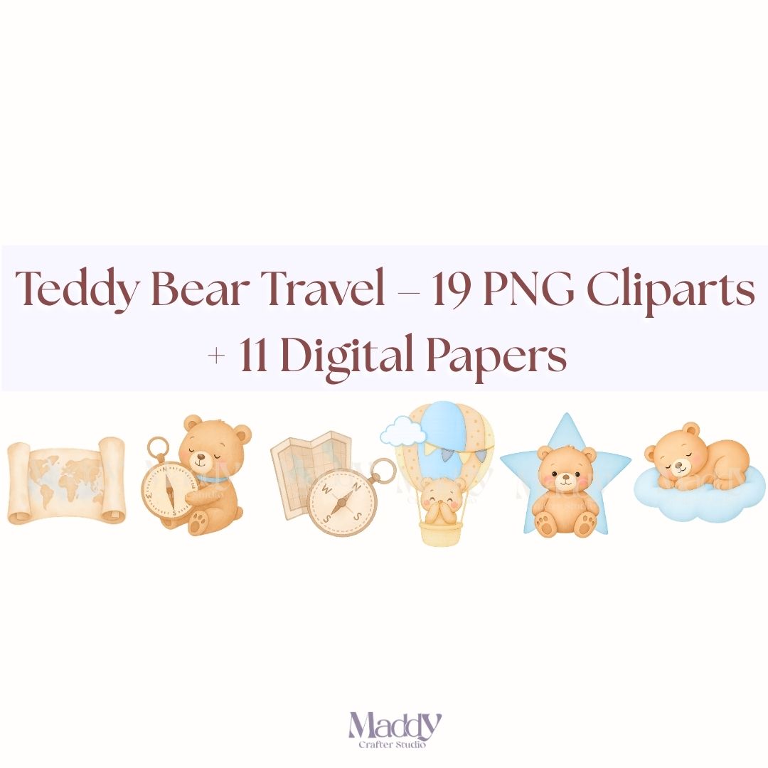 Baby Osito Viajero Clipart Bundle | 19 PNG + 11 Papeles Digitales | 300 DPI