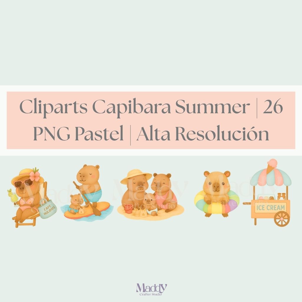 Capybara Summer Clipart Bundle | 26 Pastel PNG Transparent | Cute Kawaii Instant Download