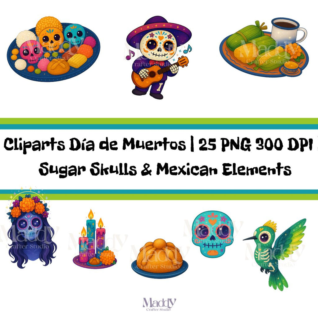 Day of the Dead Clipart Bundle | 25 PNG 300 DPI | Sugar Skulls Mexican Elements Instant Download
