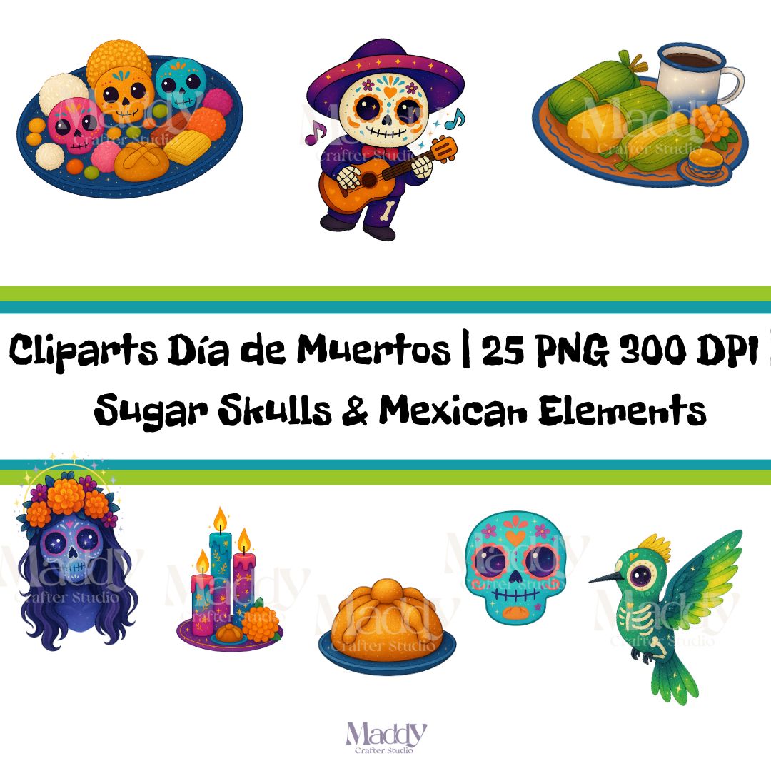 Day of the Dead Clipart Bundle | 25 PNG 300 DPI | Sugar Skulls Mexican Elements Instant Download