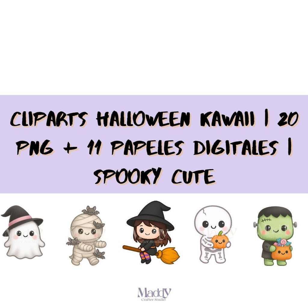 Kawaii Halloween Clipart Bundle | 20 PNG + 11 Digital Papers | Spooky Cute Instant Download