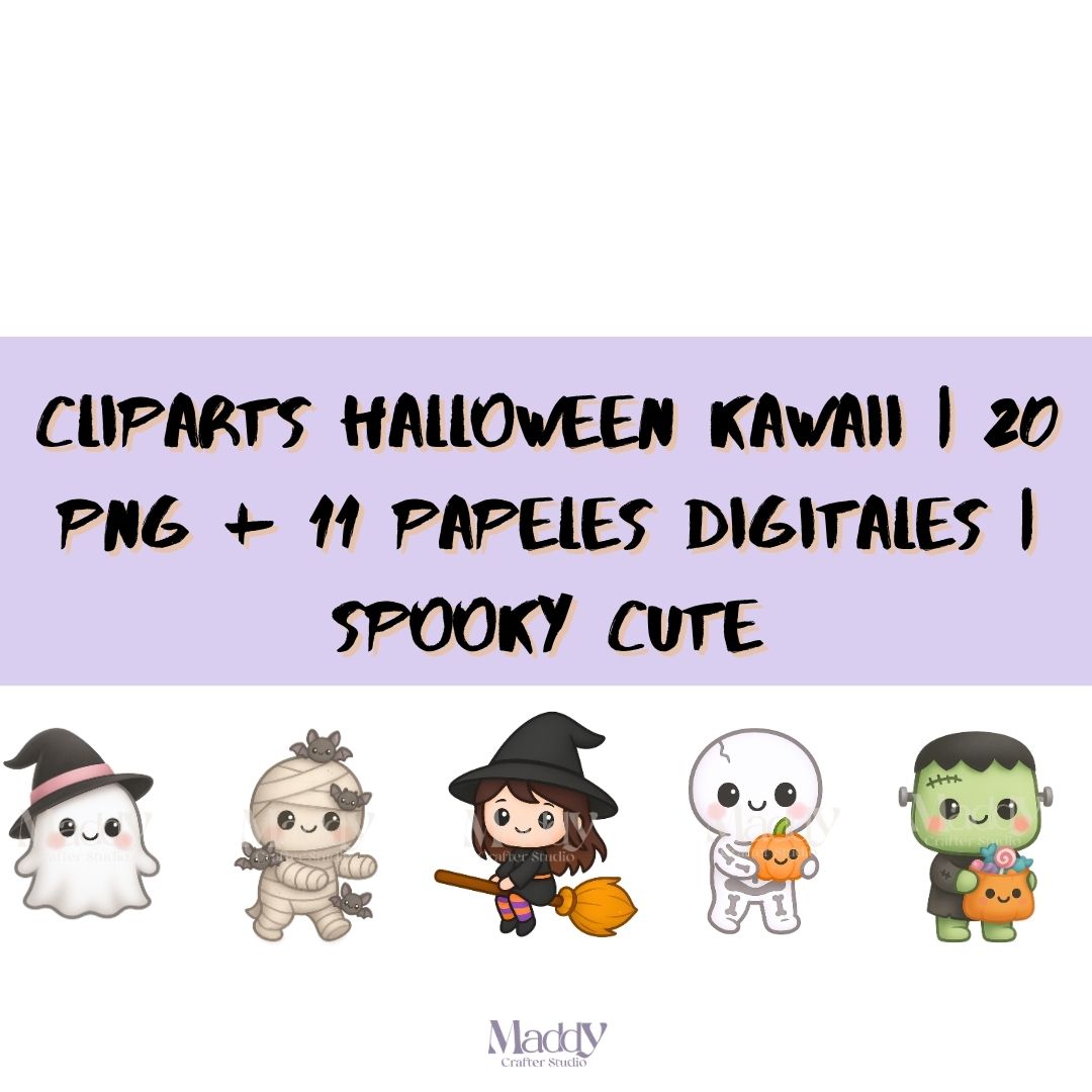 Kawaii Halloween Clipart Bundle | 20 PNG + 11 Digital Papers | Spooky Cute Instant Download