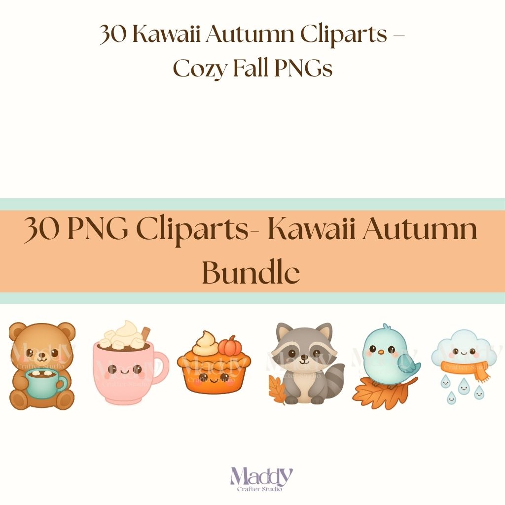Kawaii Autumn Fall Clipart Bundle | 30 PNG Transparent Background | Cozy Season Instant Download