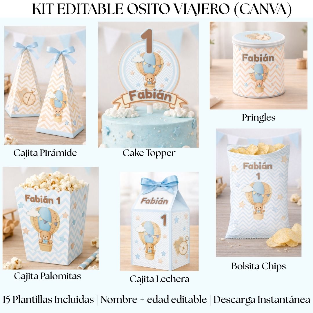 Kit Editable (Canva) Osito Viajero
