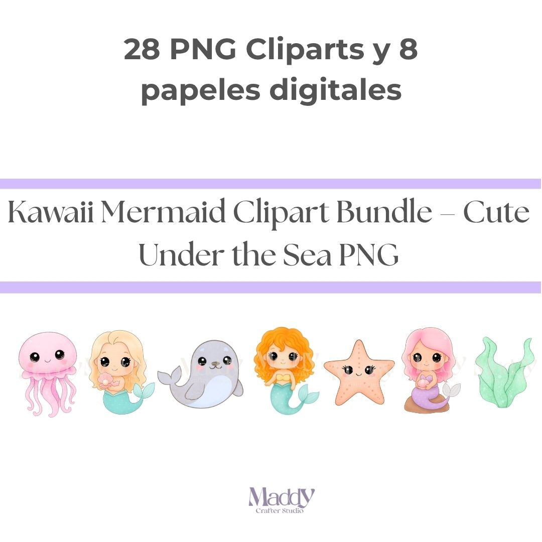 Little Mermaid Clipart Bundle | 28 PNG + 8 Digital Papers | Under the Sea Kawaii Instant Download