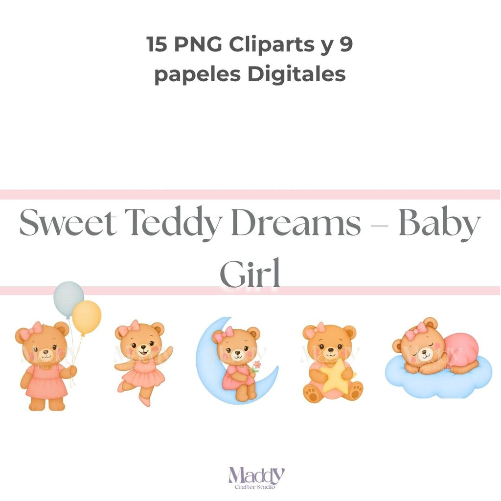 Teddy Bear Dreams Girl Clipart Bundle | 15 PNG + 9 Digital Papers | Baby Shower Instant Download