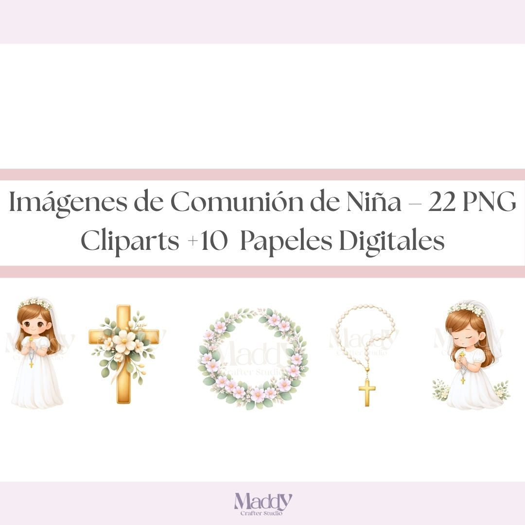 First Communion Girl Clipart Bundle | 22 PNG + 10 Digital Papers | Religious Catholic Instant Download