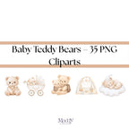 Baby Teddy Bear Clipart Bundle | 35 PNG 300 DPI Transparent | Kawaii Baby Shower Instant Download