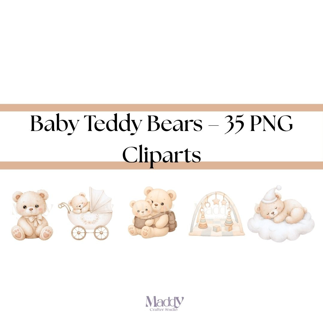 Baby Teddy Bear Clipart Bundle | 35 PNG 300 DPI Transparent | Kawaii Baby Shower Instant Download