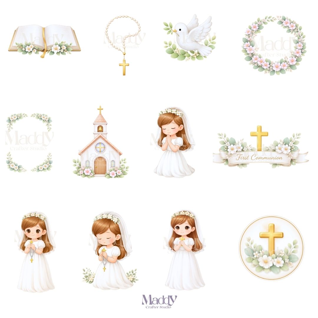 First Communion Girl Clipart Bundle | 22 PNG + 10 Digital Papers | Religious Catholic Instant Download
