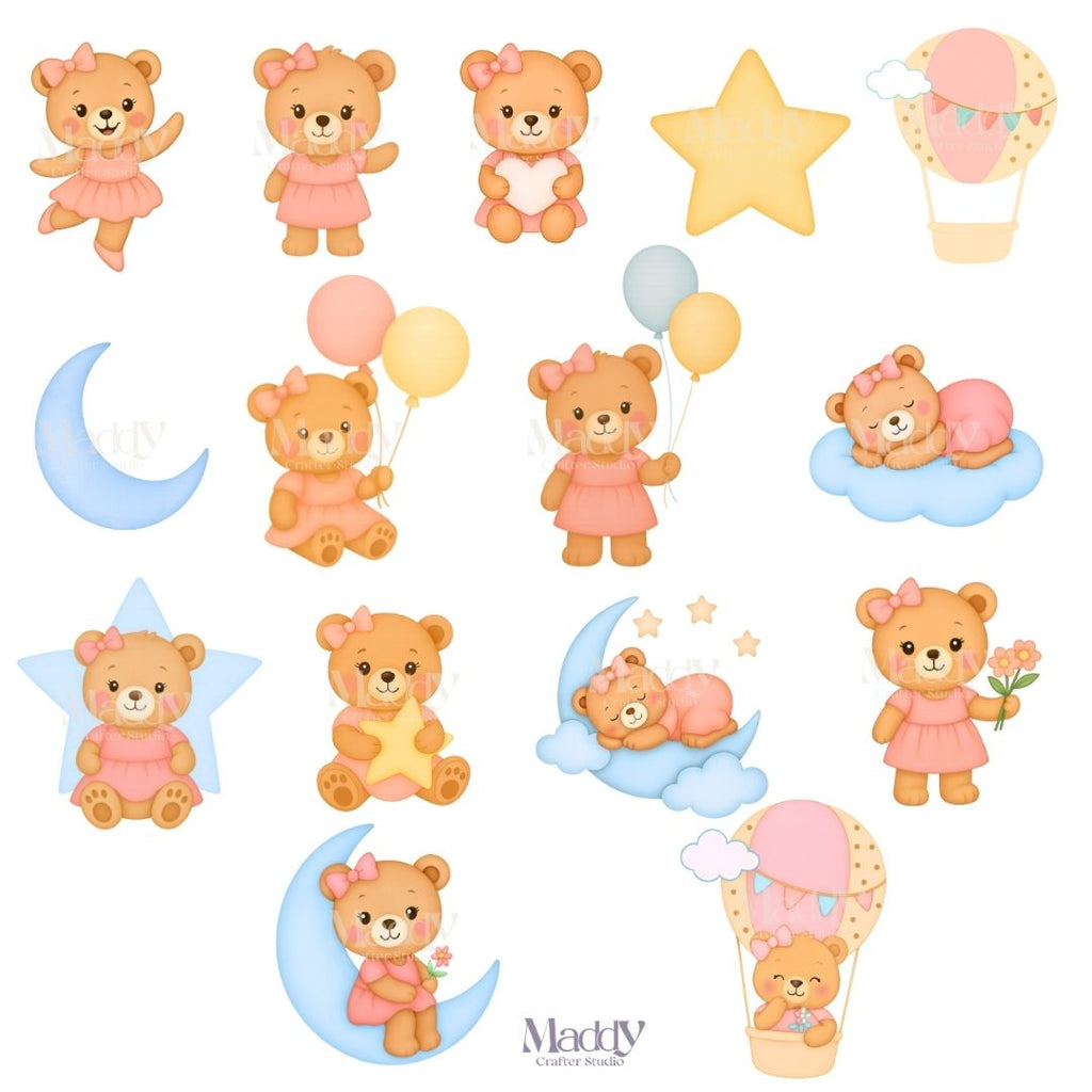 Teddy Bear Dreams Girl Clipart Bundle | 15 PNG + 9 Digital Papers | Baby Shower Instant Download