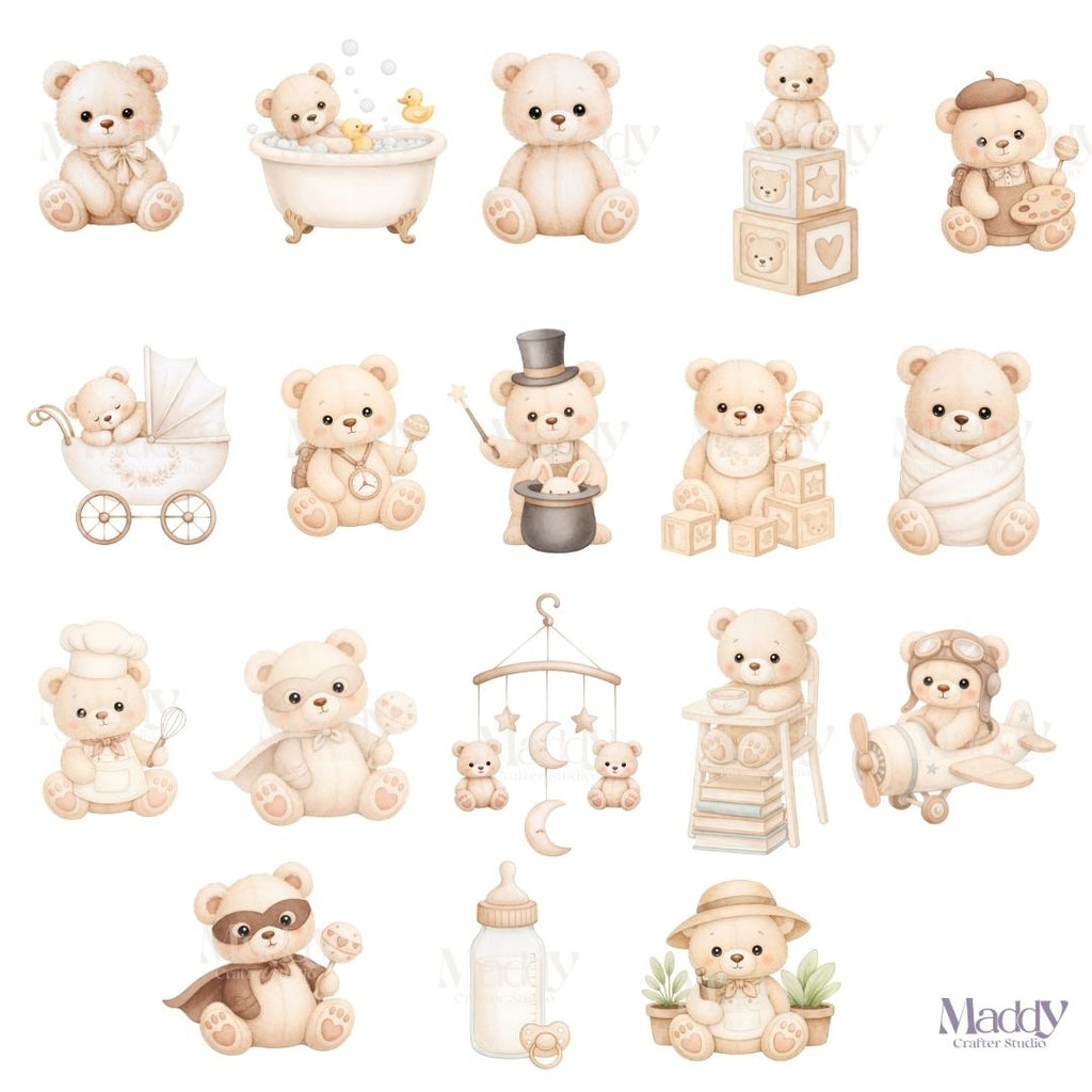 Baby Teddy Bear Clipart Bundle | 35 PNG 300 DPI Transparent | Kawaii Baby Shower Instant Download