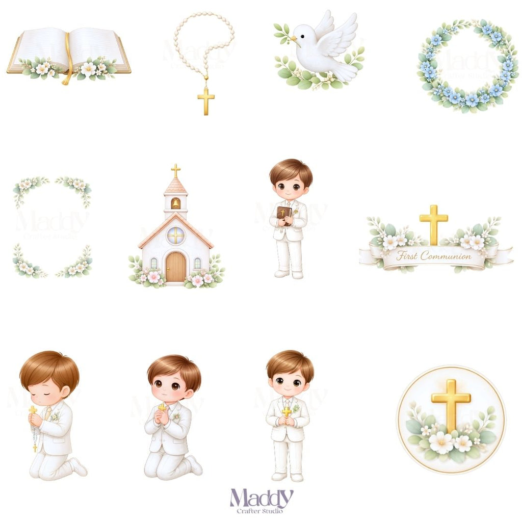 First Communion Boy Clipart Bundle | 23 PNG + 10 Digital Papers | Religious Catholic Instant Download