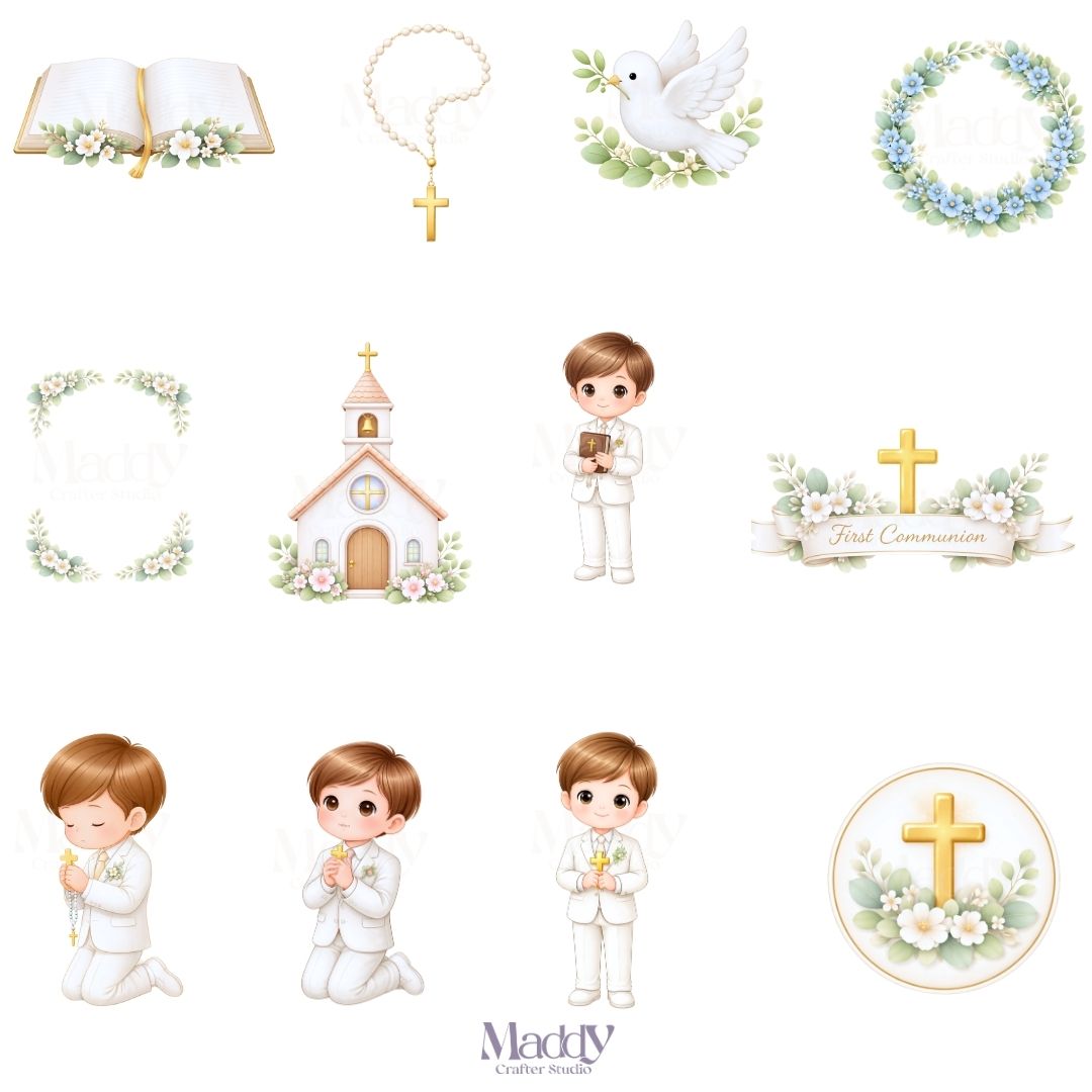 First Communion Boy Clipart Bundle | 23 PNG + 10 Digital Papers | Religious Catholic Instant Download