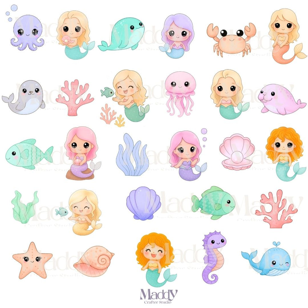 Little Mermaid Clipart Bundle | 28 PNG + 8 Digital Papers | Under the Sea Kawaii Instant Download