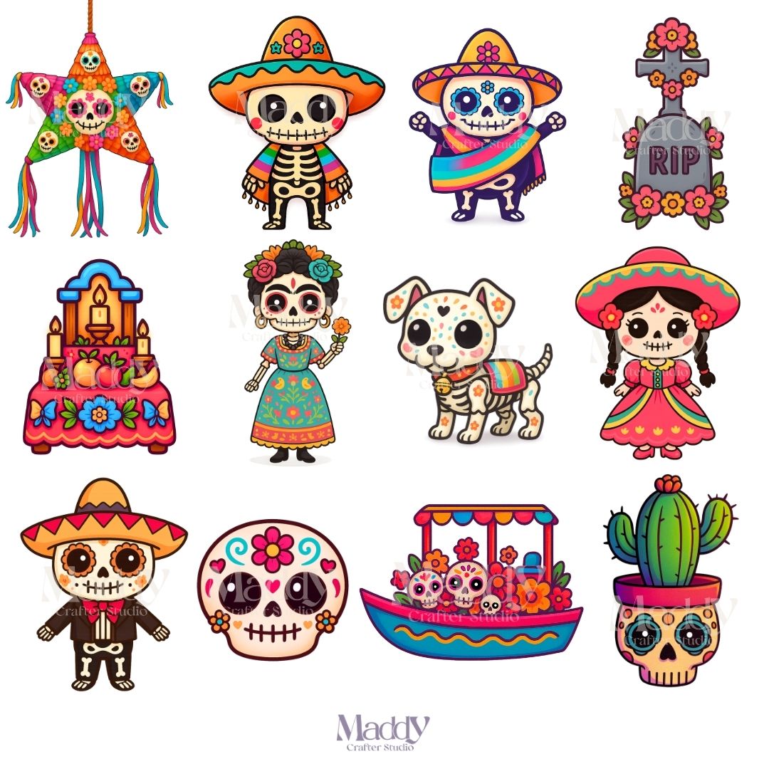 Cute Day of the Dead Clipart Bundle | 20 Kawaii PNG Transparent | Mexican Halloween Instant Download