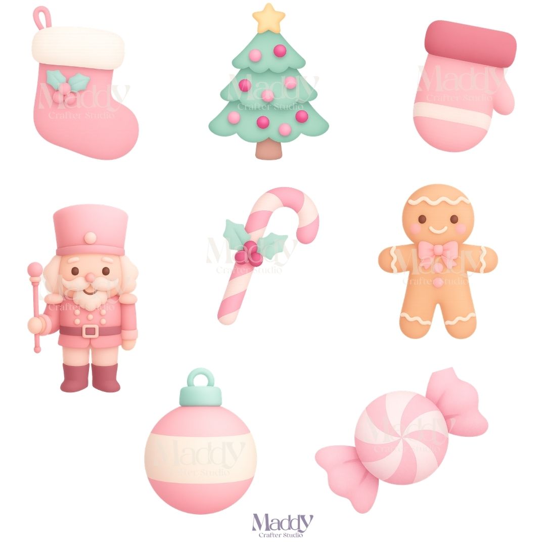 Pink Christmas Clipart Bundle | 13 PNG + 6 Digital Papers | Pastel Feminine Holiday Instant Download