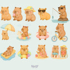 Capybara Summer Clipart Bundle | 26 Pastel PNG Transparent | Cute Kawaii Instant Download