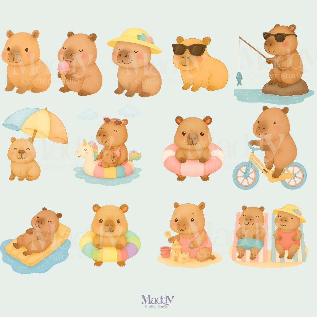 Capybara Summer Clipart Bundle | 26 Pastel PNG Transparent | Cute Kawaii Instant Download