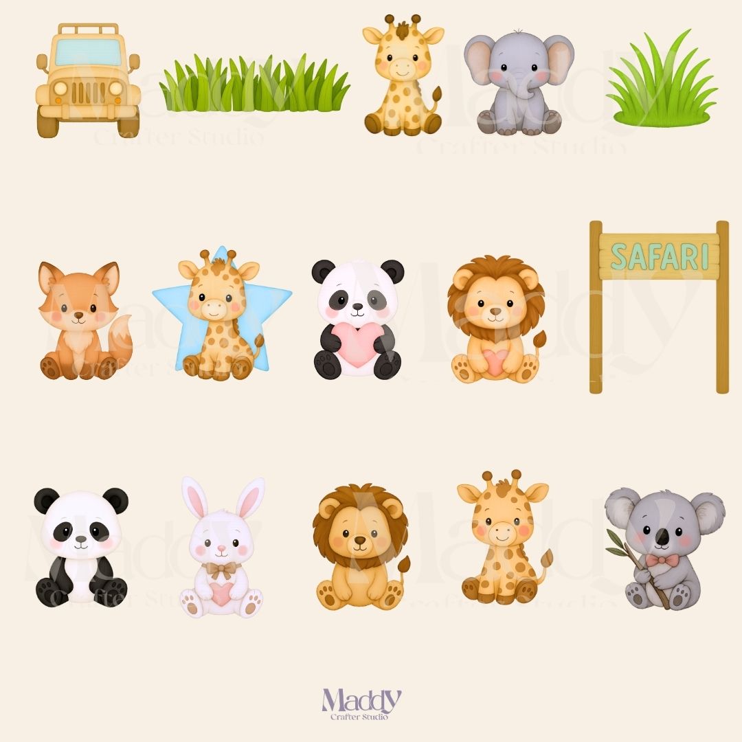 Safari Baby Clipart Bundle | 30 PNG Transparent Background | Jungle Animals Instant Download