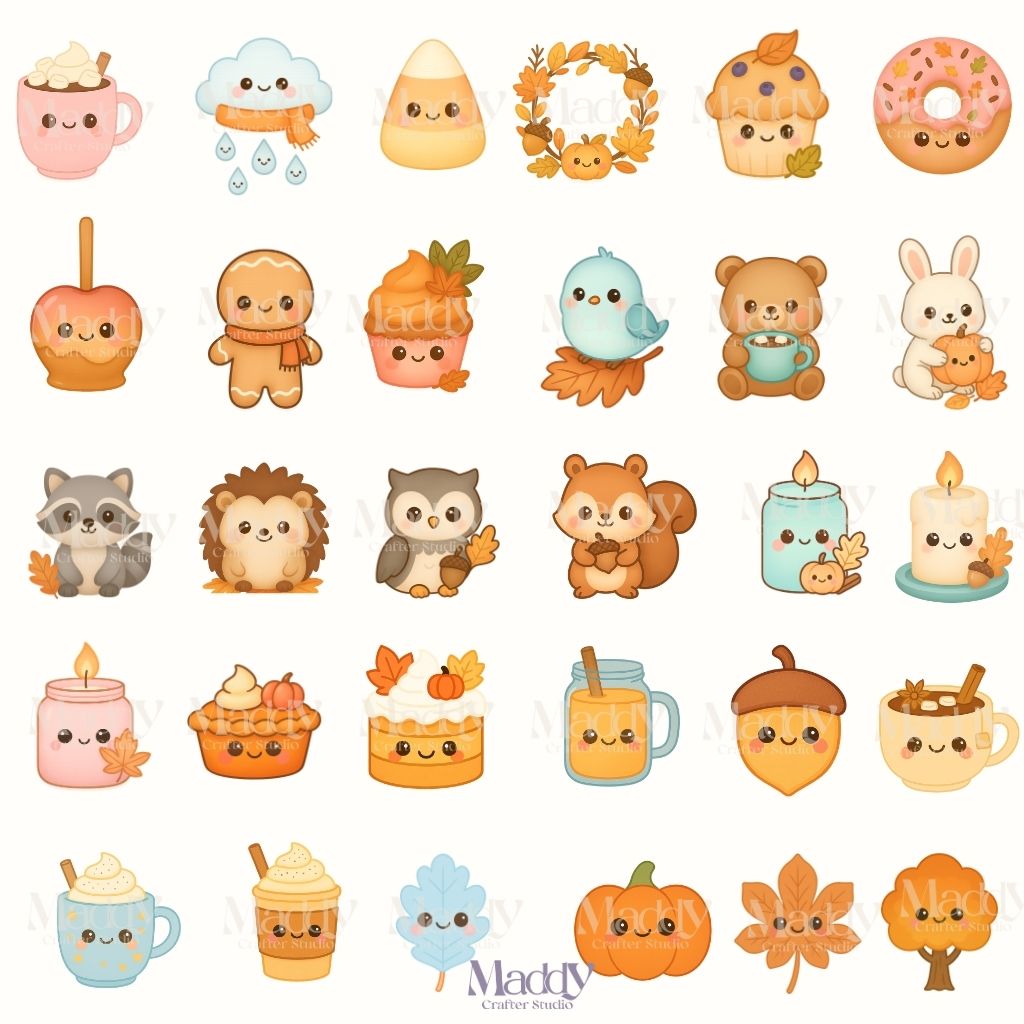 Kawaii Autumn Fall Clipart Bundle | 30 PNG Transparent Background | Cozy Season Instant Download