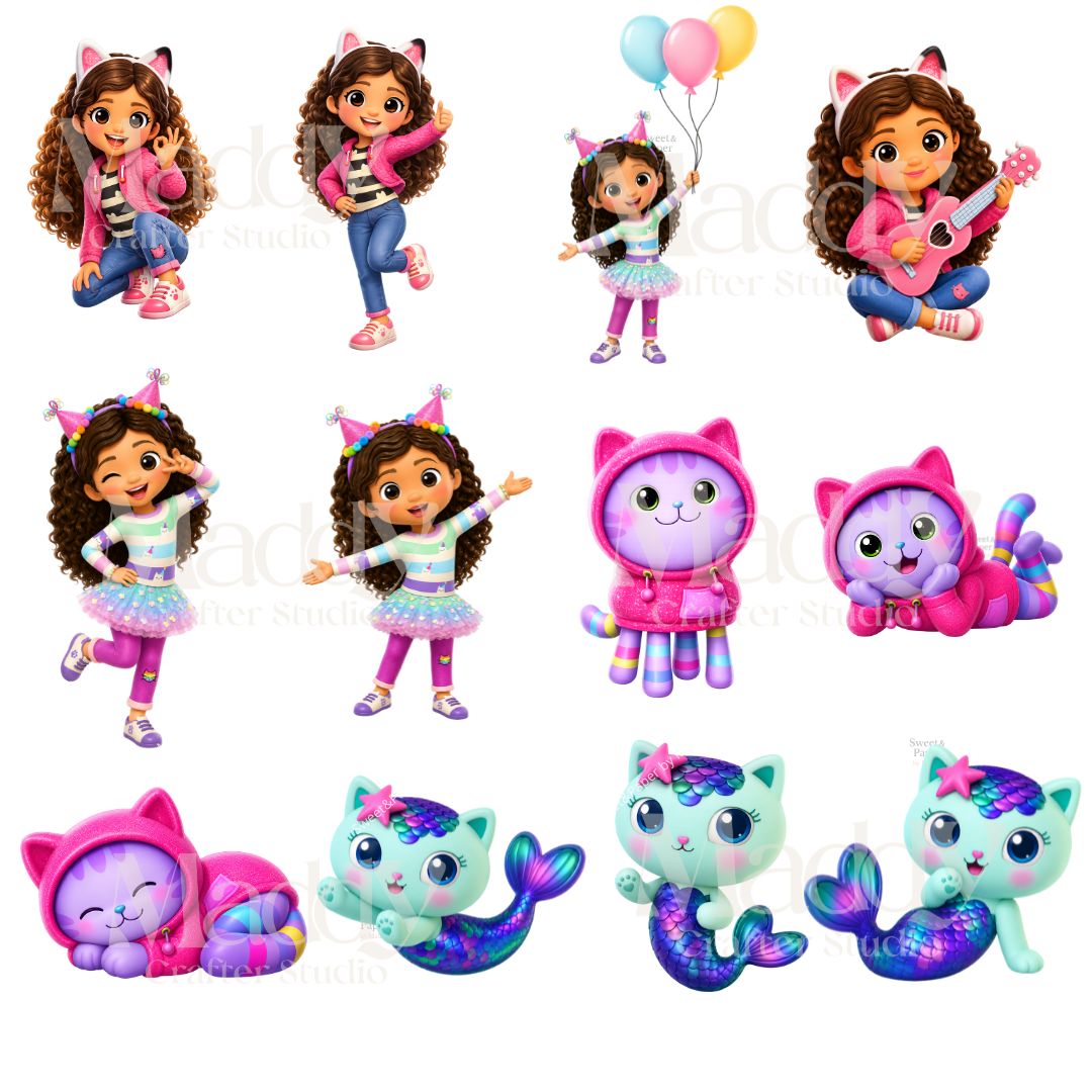 Gabby's Dollhouse Clipart Bundle | 41 PNG 300 DPI Transparent | Kids Party Topper Instant Download