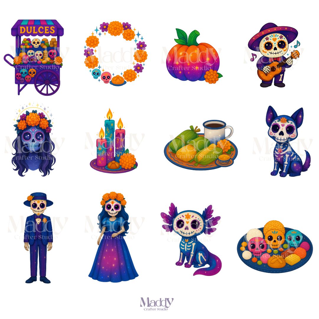 Day of the Dead Clipart Bundle | 25 PNG 300 DPI | Sugar Skulls Mexican Elements Instant Download