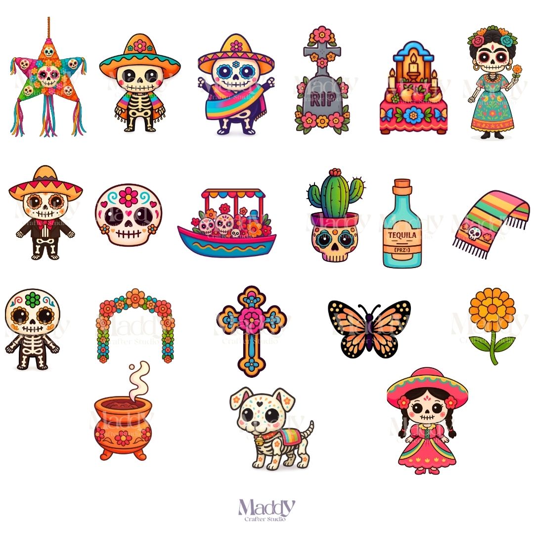 Bundle Día de Muertos Kawaii | 74 Cliparts PNG + 12 Papeles Digitales