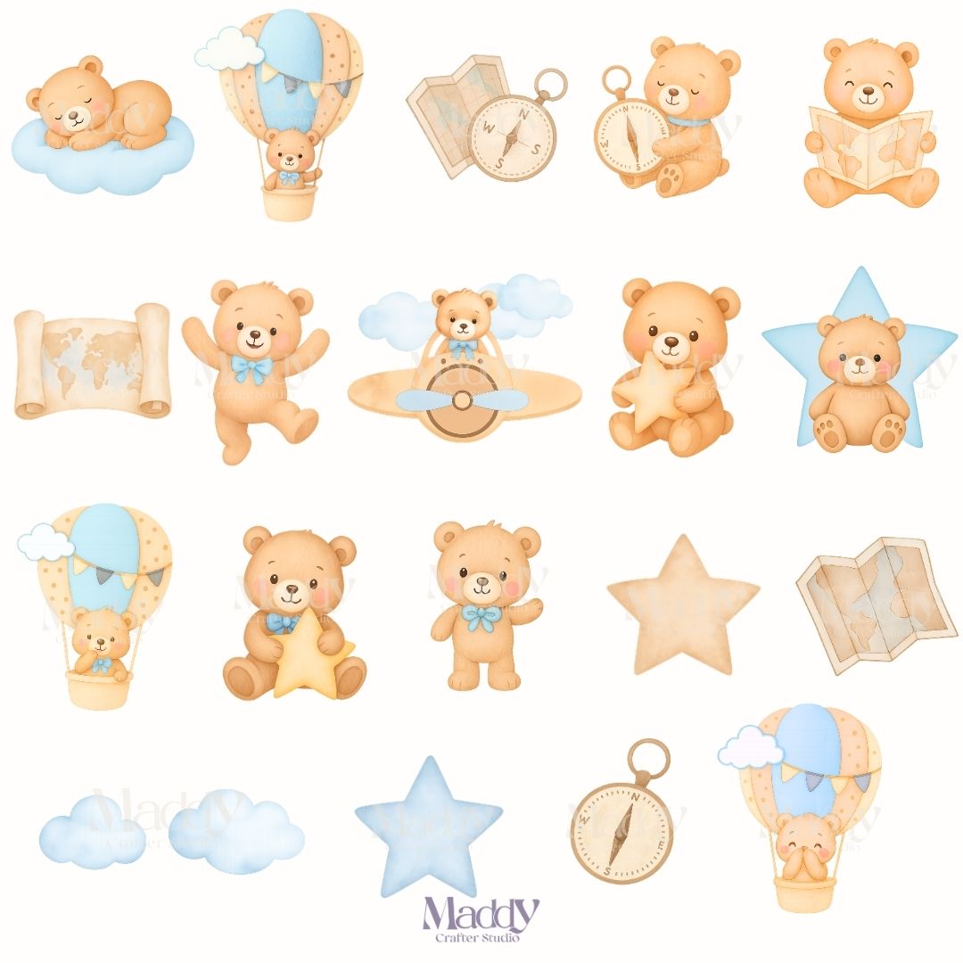 Baby Osito Viajero Clipart Bundle | 19 PNG + 11 Papeles Digitales | 300 DPI