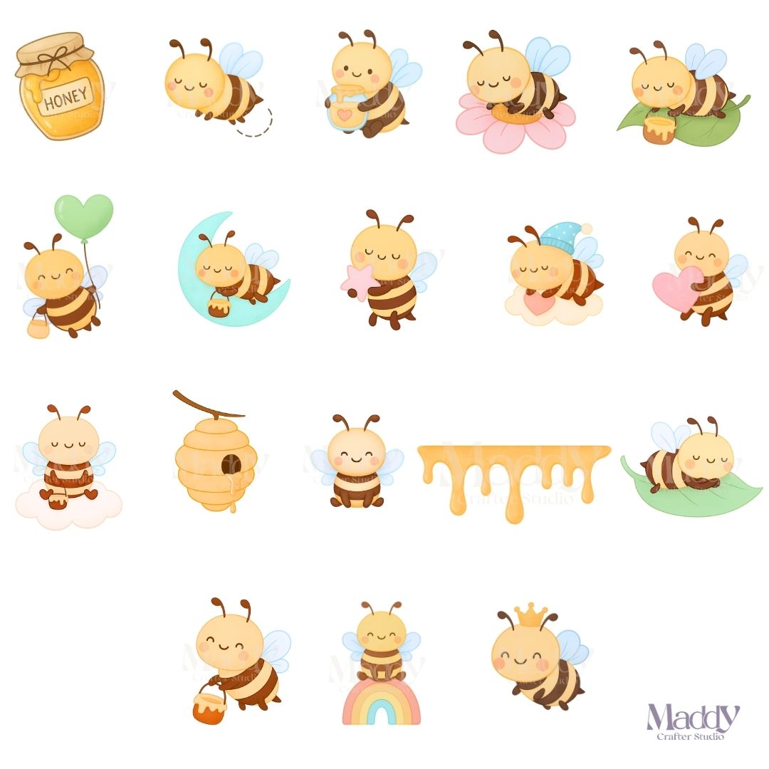 Baby Bee Clipart Bundle | 18 PNG + 7 Digital Papers | Instant Download, Transparent Background