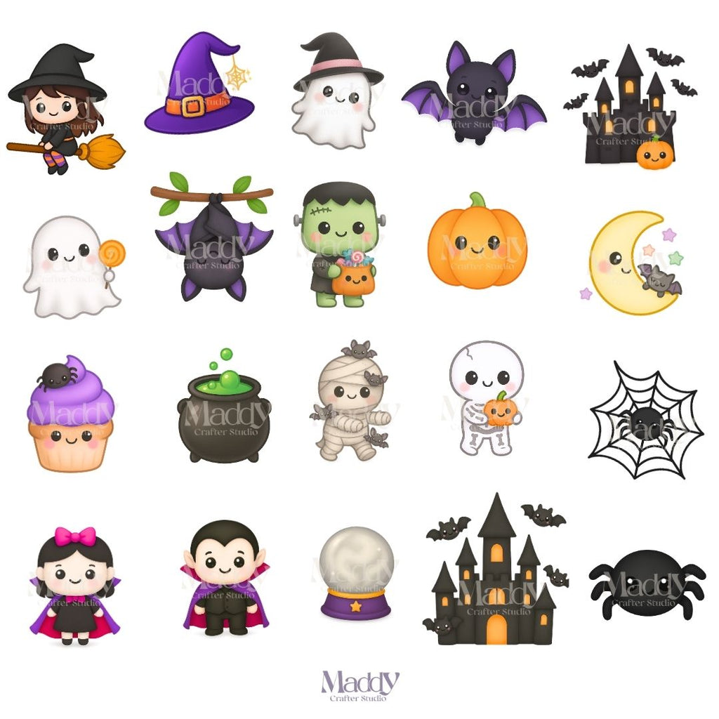 Kawaii Halloween Clipart Bundle | 20 PNG + 11 Digital Papers | Spooky Cute Instant Download