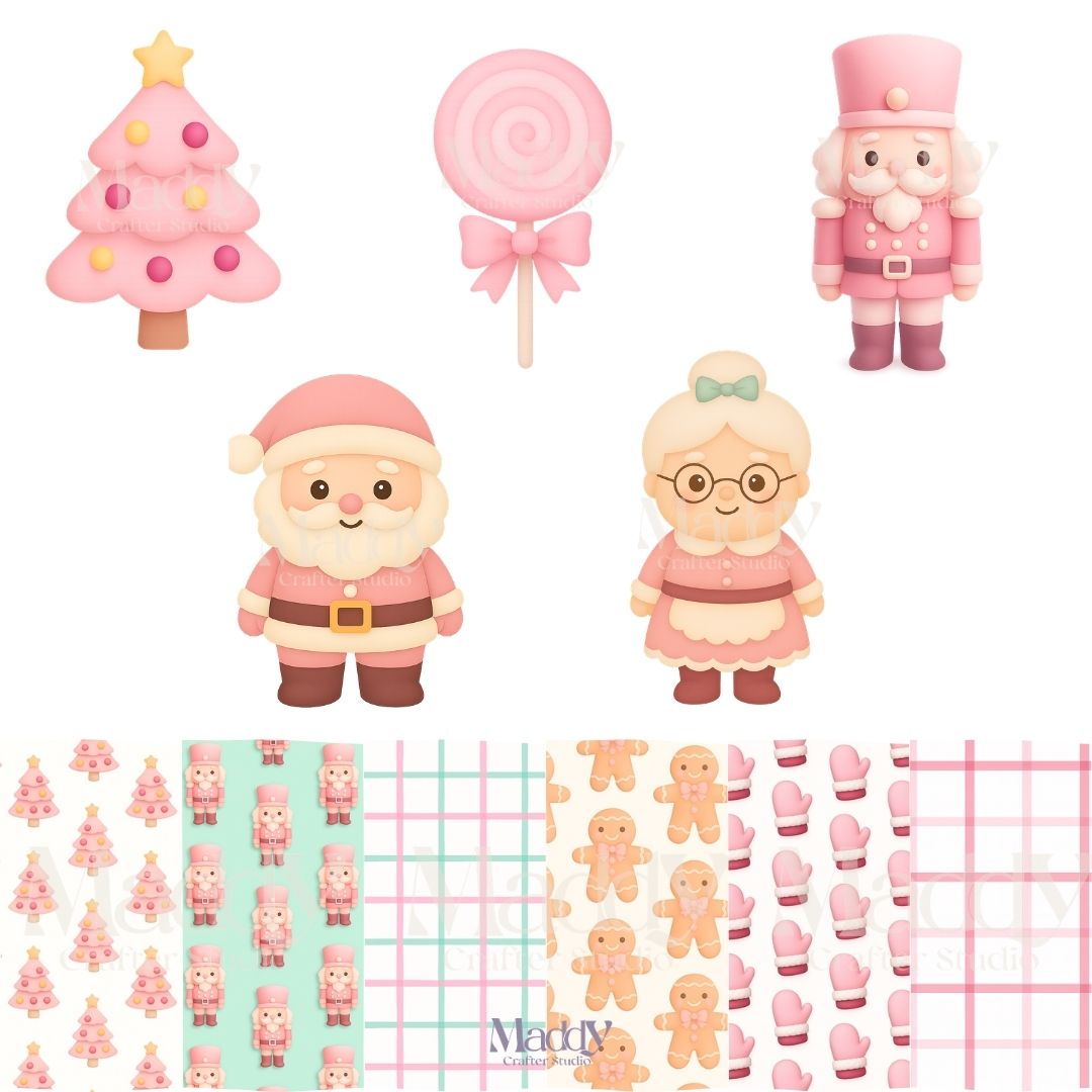 Pink Christmas Clipart Bundle | 13 PNG + 6 Digital Papers | Pastel Feminine Holiday Instant Download