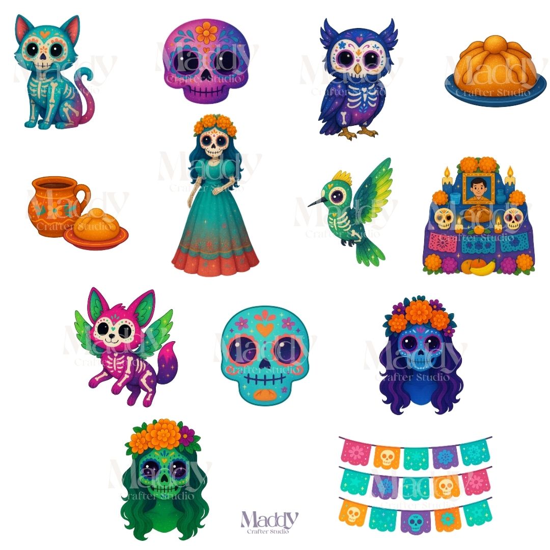 Day of the Dead Clipart Bundle | 25 PNG 300 DPI | Sugar Skulls Mexican Elements Instant Download