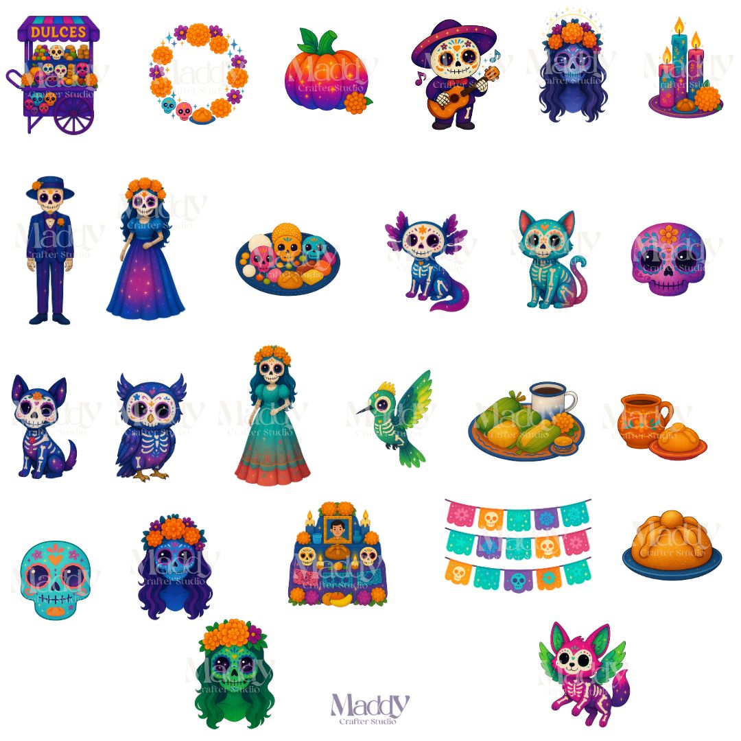 Bundle Día de Muertos Kawaii | 74 Cliparts PNG + 12 Papeles Digitales