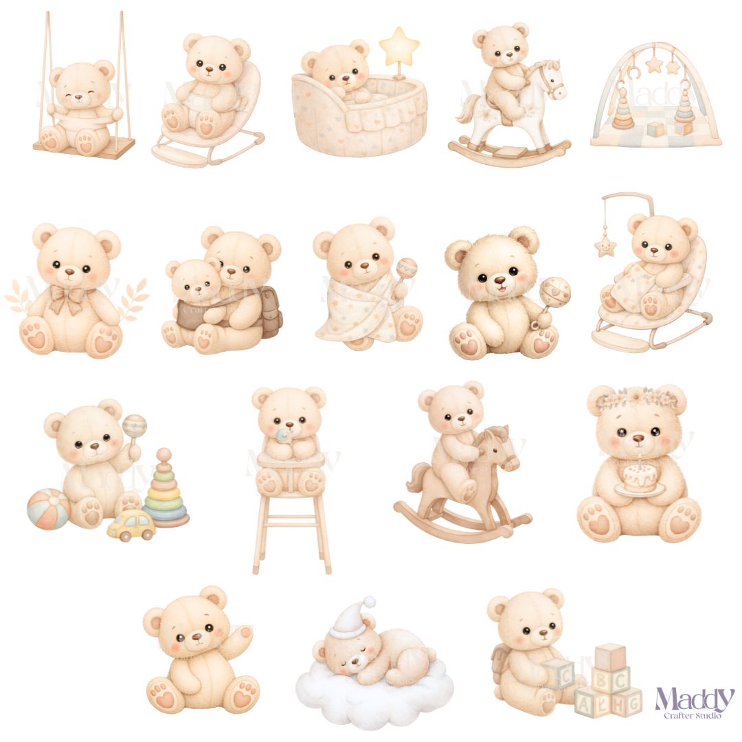 Baby Teddy Bear Clipart Bundle | 35 PNG 300 DPI Transparent | Kawaii Baby Shower Instant Download