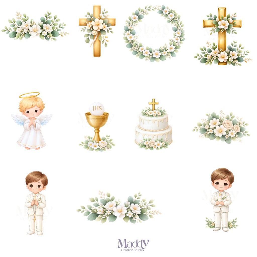 First Communion Boy Clipart Bundle | 23 PNG + 10 Digital Papers | Religious Catholic Instant Download