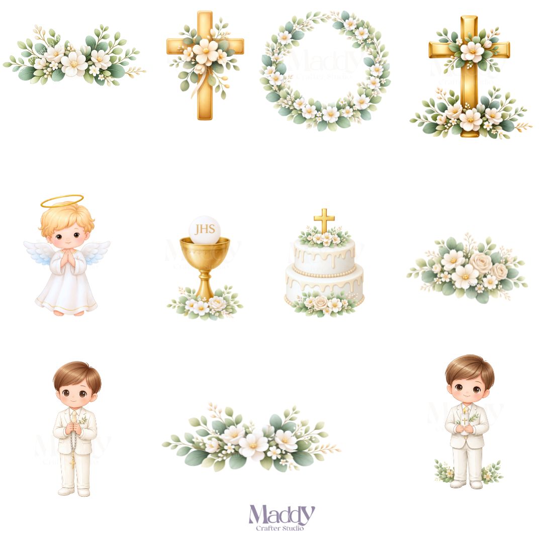 First Communion Boy Clipart Bundle | 23 PNG + 10 Digital Papers | Religious Catholic Instant Download