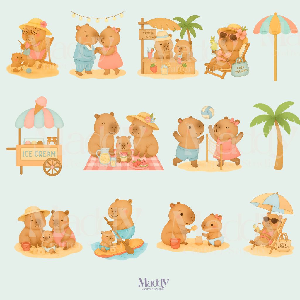 Capybara Summer Clipart Bundle | 26 Pastel PNG Transparent | Cute Kawaii Instant Download