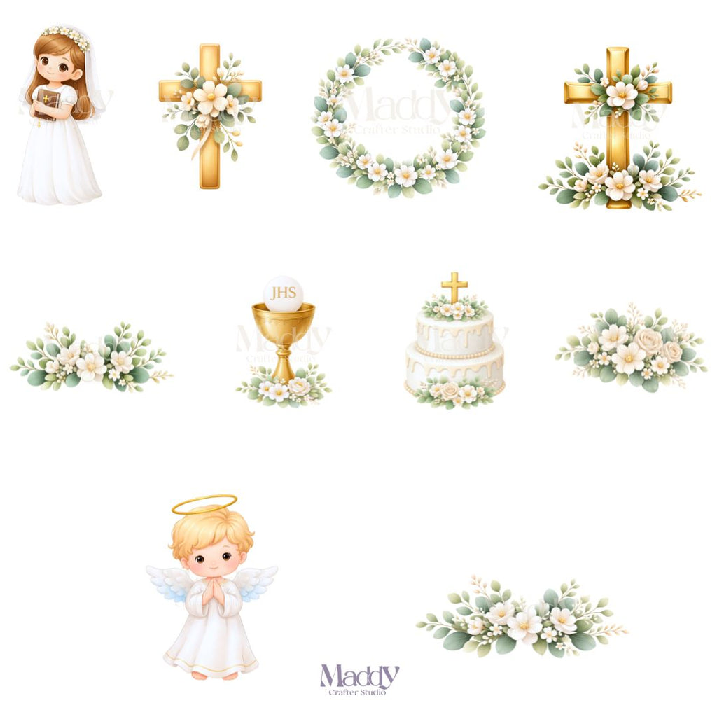 First Communion Girl Clipart Bundle | 22 PNG + 10 Digital Papers | Religious Catholic Instant Download