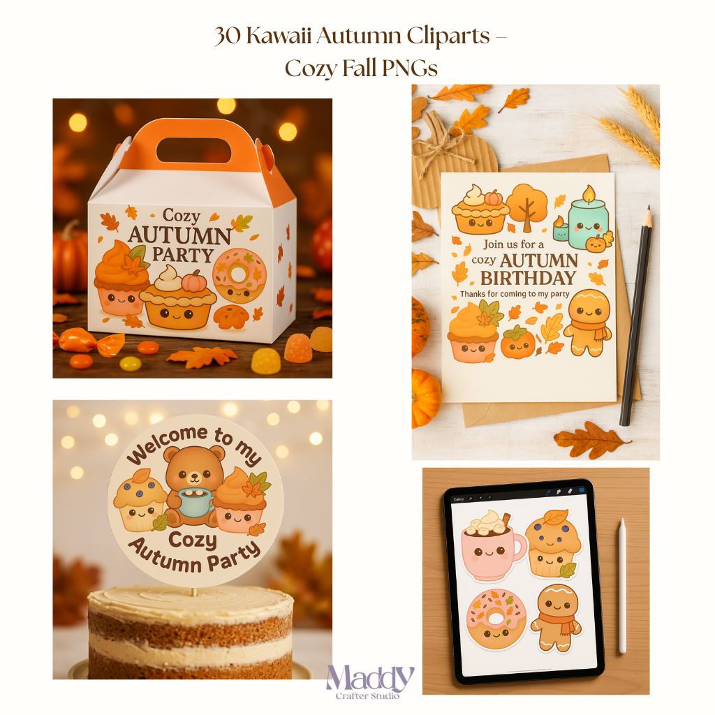 Kawaii Autumn Fall Clipart Bundle | 30 PNG Transparent Background | Cozy Season Instant Download
