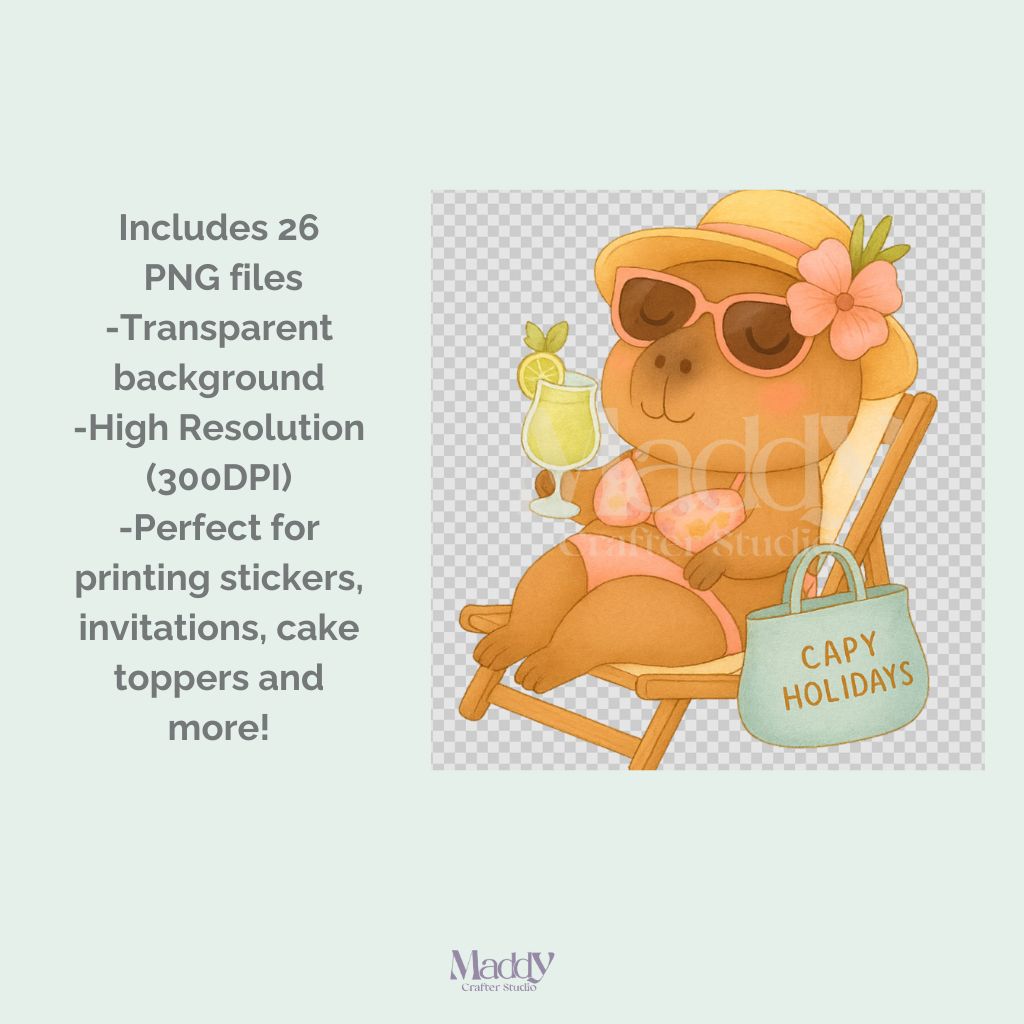 Capybara Summer Clipart Bundle | 26 Pastel PNG Transparent | Cute Kawaii Instant Download