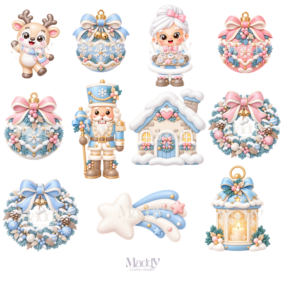 Kit Navideño Pastel – 44 Cliparts PNG + 12 Papeles Digitales
