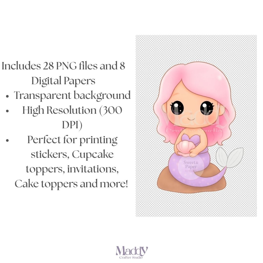 Little Mermaid Clipart Bundle | 28 PNG + 8 Digital Papers | Under the Sea Kawaii Instant Download