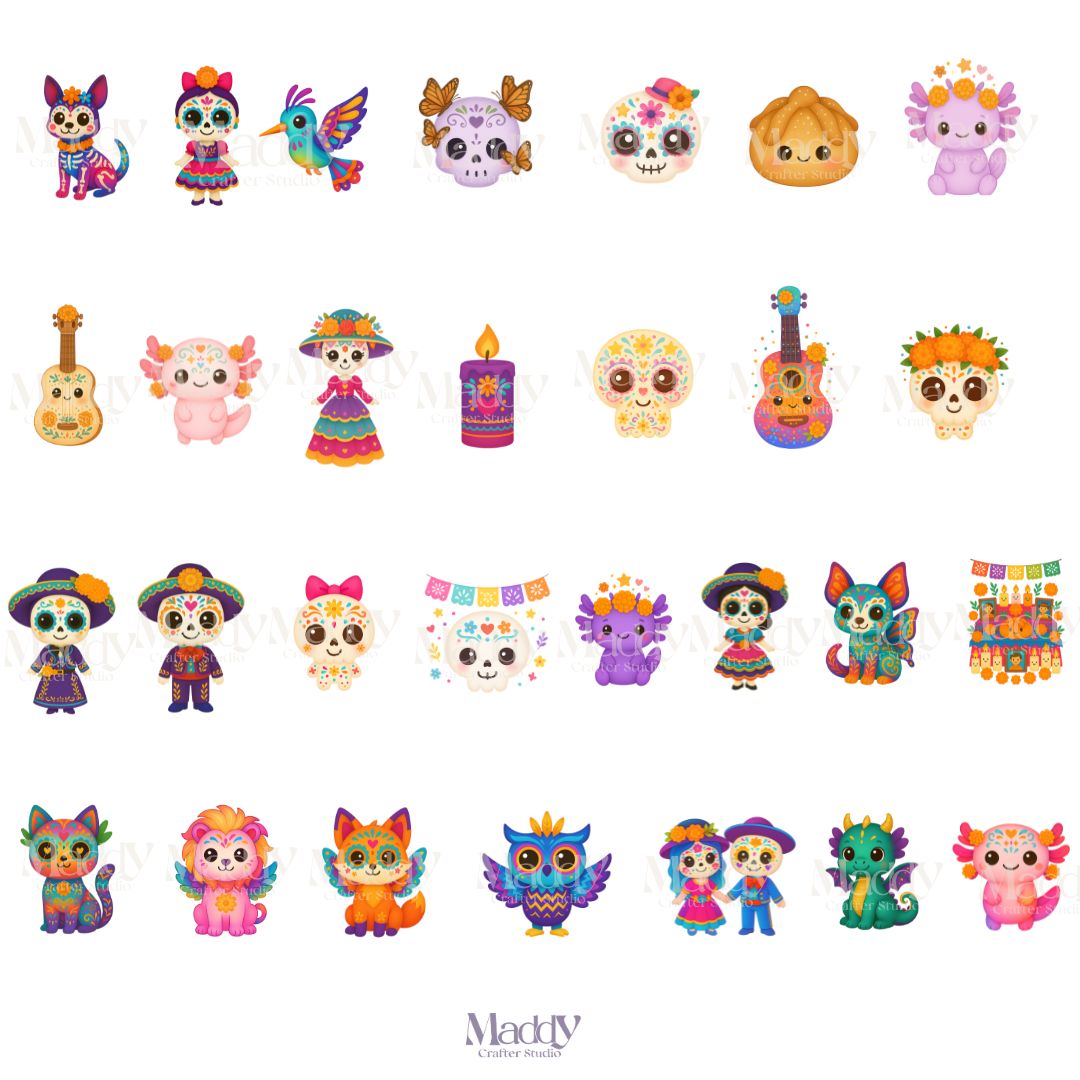 Bundle Día de Muertos Kawaii | 74 Cliparts PNG + 12 Papeles Digitales