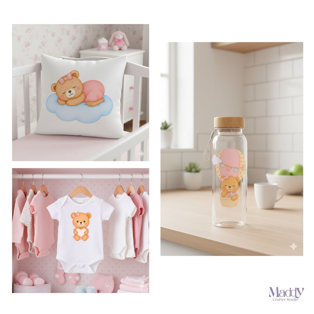 Teddy Bear Dreams Girl Clipart Bundle | 15 PNG + 9 Digital Papers | Baby Shower Instant Download