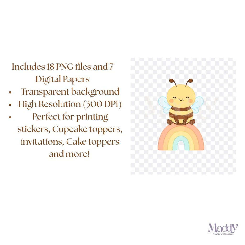 Baby Bee Clipart Bundle | 18 PNG + 7 Digital Papers | Instant Download, Transparent Background
