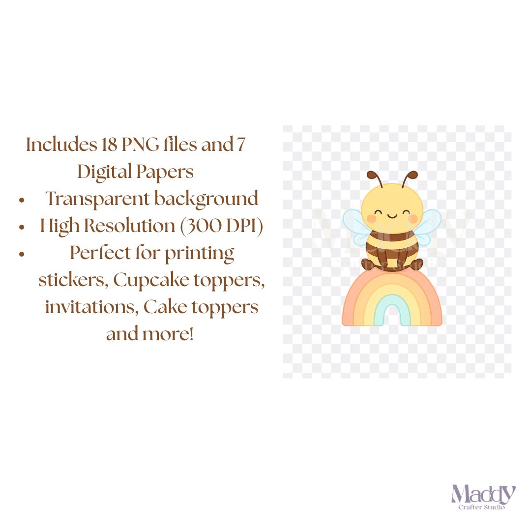 Baby Bee Clipart Bundle | 18 PNG + 7 Digital Papers | Instant Download, Transparent Background