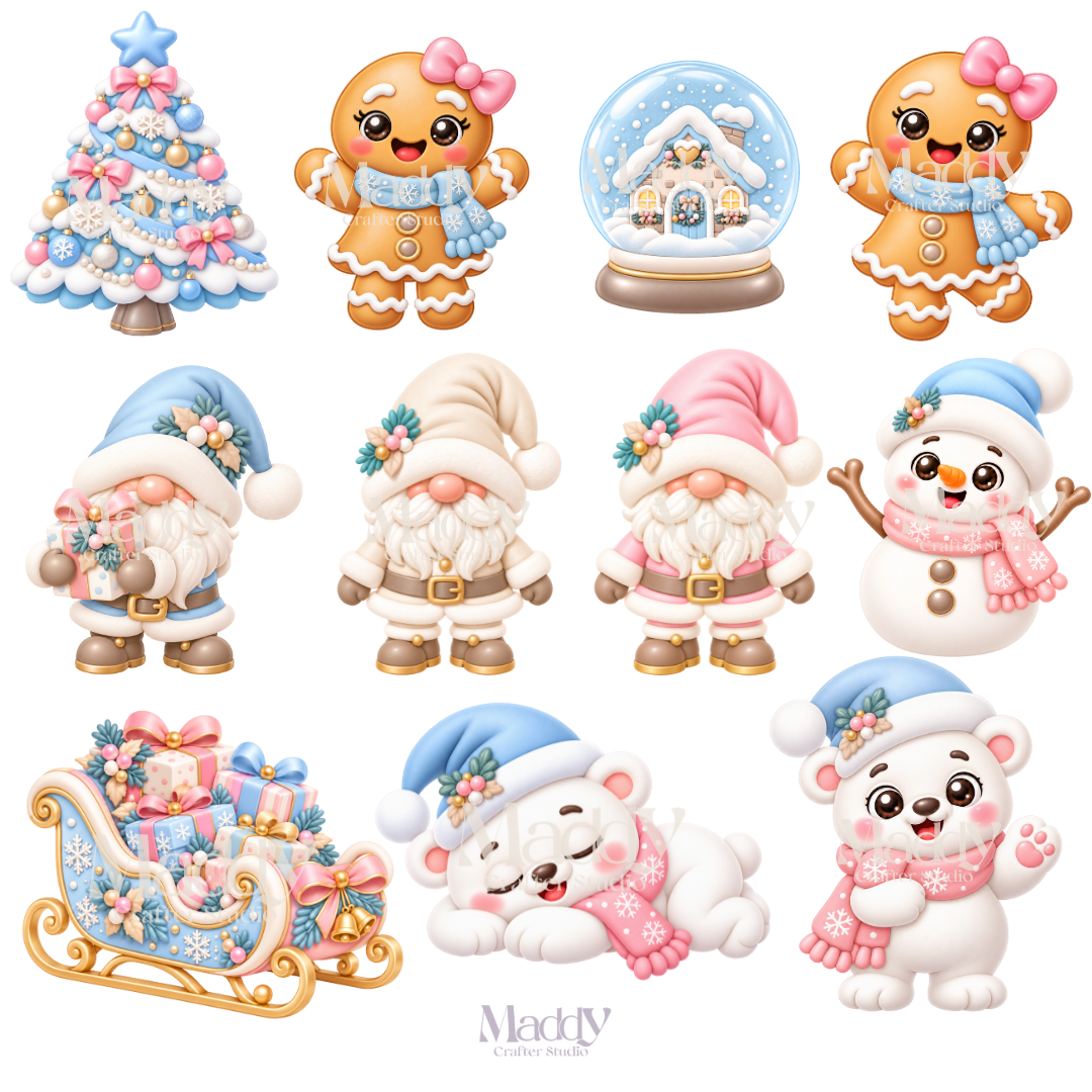Kit Navideño Pastel – 44 Cliparts PNG + 12 Papeles Digitales